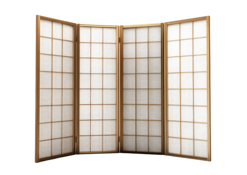 A four-panel folding screen, light wood frames with grid patterns and white paper inserts