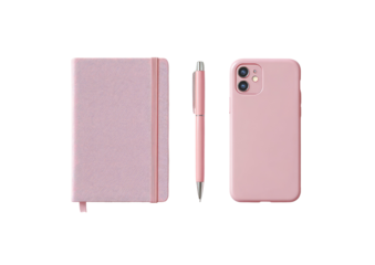 Pink stationery set notebook, pen, and phone case against black background