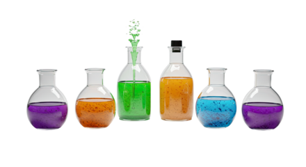 Colorful chemical liquids in glass laboratory flasks arranged in a line on white background, perfect for science and chemistry projects