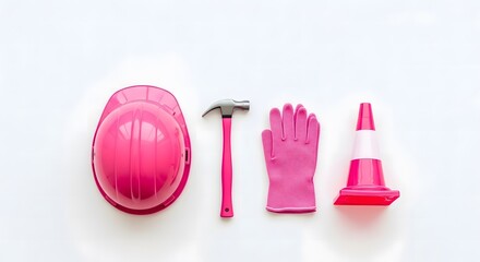 Construction worker's tools in pink a bright and cheerful safety kit for building and projects