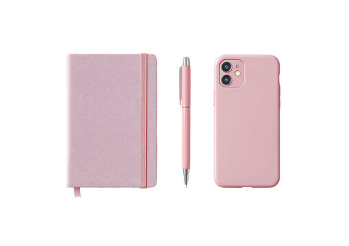 Pink stationery set notebook, pen, and phone case against black background