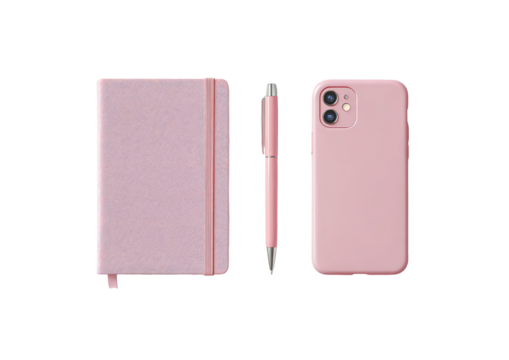 Pink stationery set notebook, pen, and phone case against black background