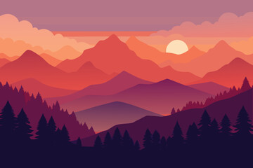 Vibrant sunset over layered mountain ranges with pine forest silhouette