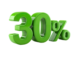 Shiny, emerald green 3D text displays "30%" against a solid black background