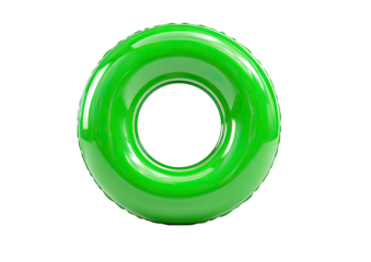 Glossy, vibrant green inflatable ring with inner hole, isolated on black background