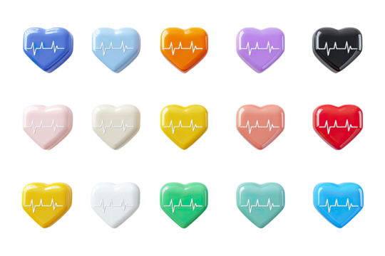 Rows of glossy, colored heart icons, each with a white heartbeat line across them