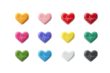 Twelve colorful heart shapes, each with an internal ECG, on a black background
