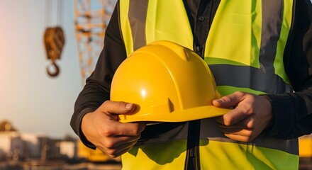 Construction Worker Holding a Yellow Hard Hat at a Building Site on a Sunny Day