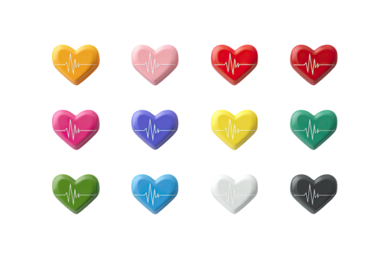 Twelve colorful heart shapes, each with an internal ECG, on a black background