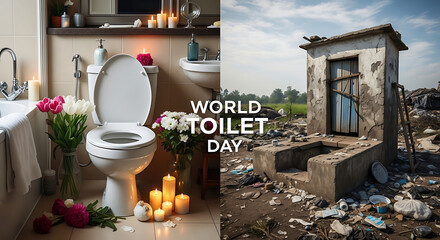Contrast between a luxurious modern bathroom and a dilapidated outdoor toilet highlighting world toilet day