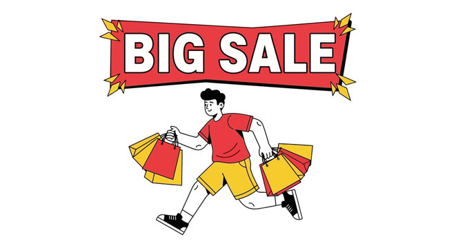 Man running with shopping bags under a big sale banner promoting discounts and special offers on products isolated vector illustration on transparent background