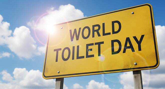 Yellow sign announcing world toilet day under a bright sunny sky with clouds