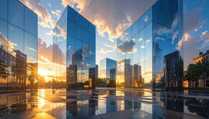 Geometric installation of mirrored surfaces reflecting surrounding buildings and sky.