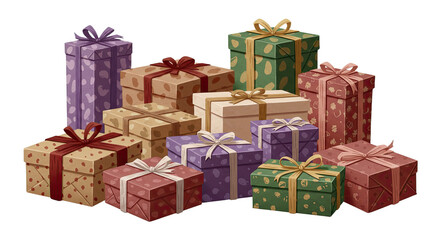 Obraz premium Colorful wrapped gift boxes with ribbons and bows, assorted sizes and patterns, perfect for holidays and celebrations