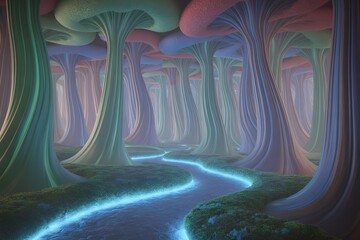 Enchanting Luminescent Forest Path Amidst Giant Bioluminescent Fungi Towering Towards a Mystical Hazy Horizon