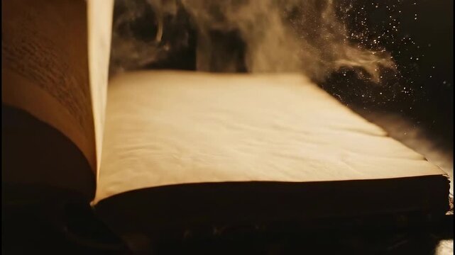 Close-up of a hand turning a page in a dusty, ancient book. Slow motion footage of a mysterious old manuscript revealing hidden knowledge and history