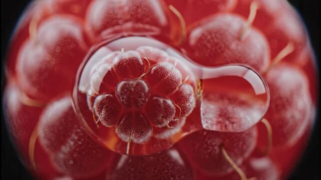 Extreme macro of a liquid drop moving over a red raspberry in slow motion. A clear water drop magnifies the fresh fruit's detailed texture. Abstract beauty and nature concept