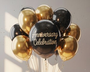 Elegant Anniversary Celebration With Luxurious Gold and Black Balloons Adorned With Sparkling Confetti Creating a Festive Atmosphere
