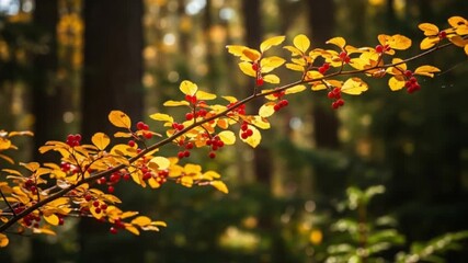 Autumn Forest Berries.
A branch of small red berries and vibrant yellow autumn leaves backlit by warm sunlight in a deep, dark forest setting.  - Powered by Adobe
