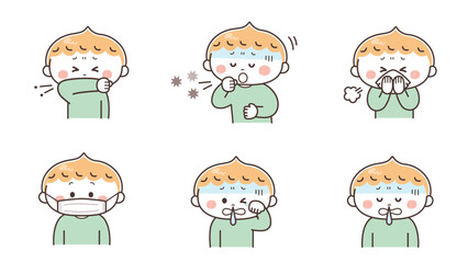 体調不良の男の子のイラストセット