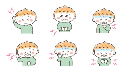 痛みのある男の子のイラストセット