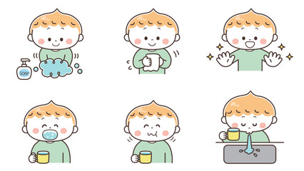 手洗い･うがいをする男の子のイラストセット