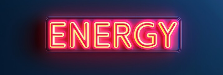 A vibrant neon sign displaying the word "ENERGY" against a dark blue background, conveying a sense of dynamism and vitality.