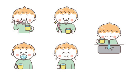 ハミガキ･うがいをする男の子のイラストセット