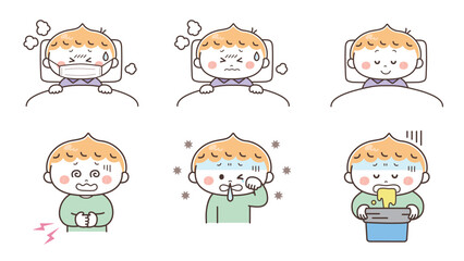 体調不良の男の子のイラストセット