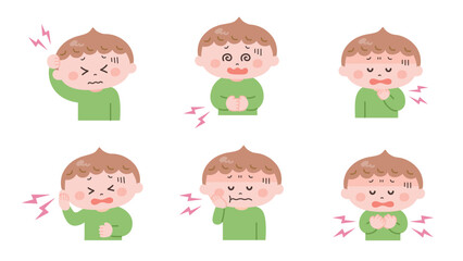 痛みのある男の子のイラストセット