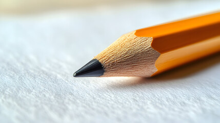 Yellow wooden pencil sharpened on white surface closeup