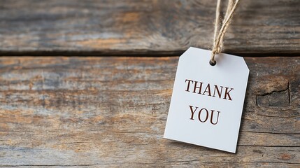 A rustic "Thank You" tag on a wooden background, conveying gratitude and appreciation, ideal for gifts or messages.