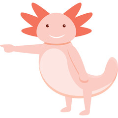 Cute Cartoon Axolotl Character Pointing to the Side Against White Background with Coral Pink Fins and Body
