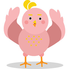 Cute Pink Baby Chick With Yellow Comb And Orange Legs Raising Wings With Yellow Spots On Chest Against White Background Studio Shot