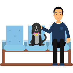 Man Sits Next To Dog In A Waiting Room With Light Blue Chairs And Transparent Background