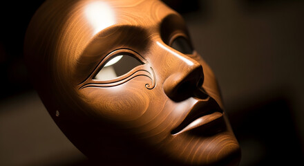 A beautifully crafted wooden mask with smooth grain and carved details is highlighted by dramatic lighting