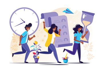 People Running with Clock and Hourglass Illustration