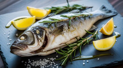 Delicious Whole Roasted Sea Bass Garnished with Fresh Rosemary and Lemon Slices Served on a Slate Platter with Coarse Sea Salt