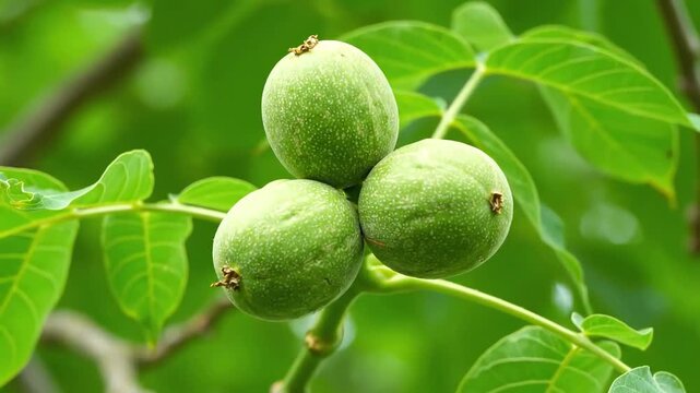 Green walnuts on a tree branch fresh and natural close up view.