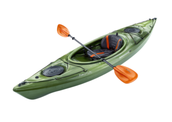 An olive-green kayak with an orange/black seat and paddle, isolated on black