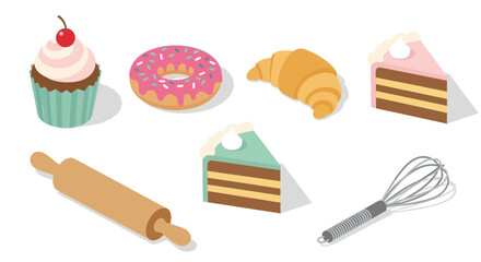 Cartoon illustration of baked goods and baking tools on a white background.