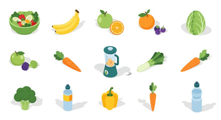 Isometric illustration of various fruits, vegetables, and a blender. © crsnd