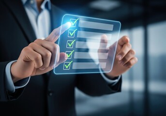 Digital checklist interface with holographic touch interaction in modern office setting