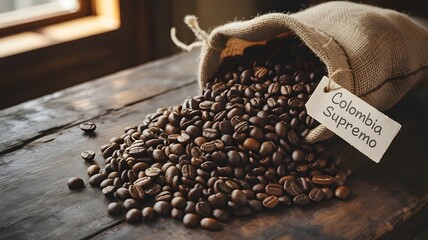 A burlap sack overflowing with rich dark roasted coffee beans spills onto a weathered wooden table with a tag indicating Colombia Supremo for a warm inviting artisanal beverage experience