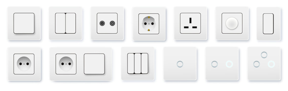 Realistic socket and switch. Interior wall outlets or electric connectors. Switches and sockets set Different square types. Vector