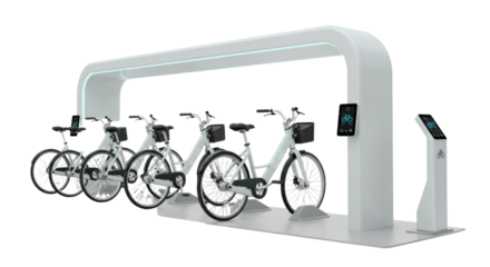 Electric bike sharing station with four parked e-bikes and digital payment terminal, modern urban transportation concept