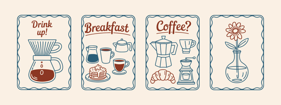 Vector art of four cards with coffee and breakfast related drawings