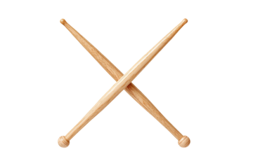 Two wooden drumsticks are crossed against a black background, creating an X shape