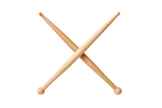 Two wooden drumsticks are crossed against a black background, creating an X shape