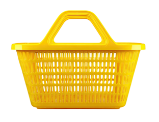Bright yellow plastic shopping basket, with handle and slotted sides, isolated on black